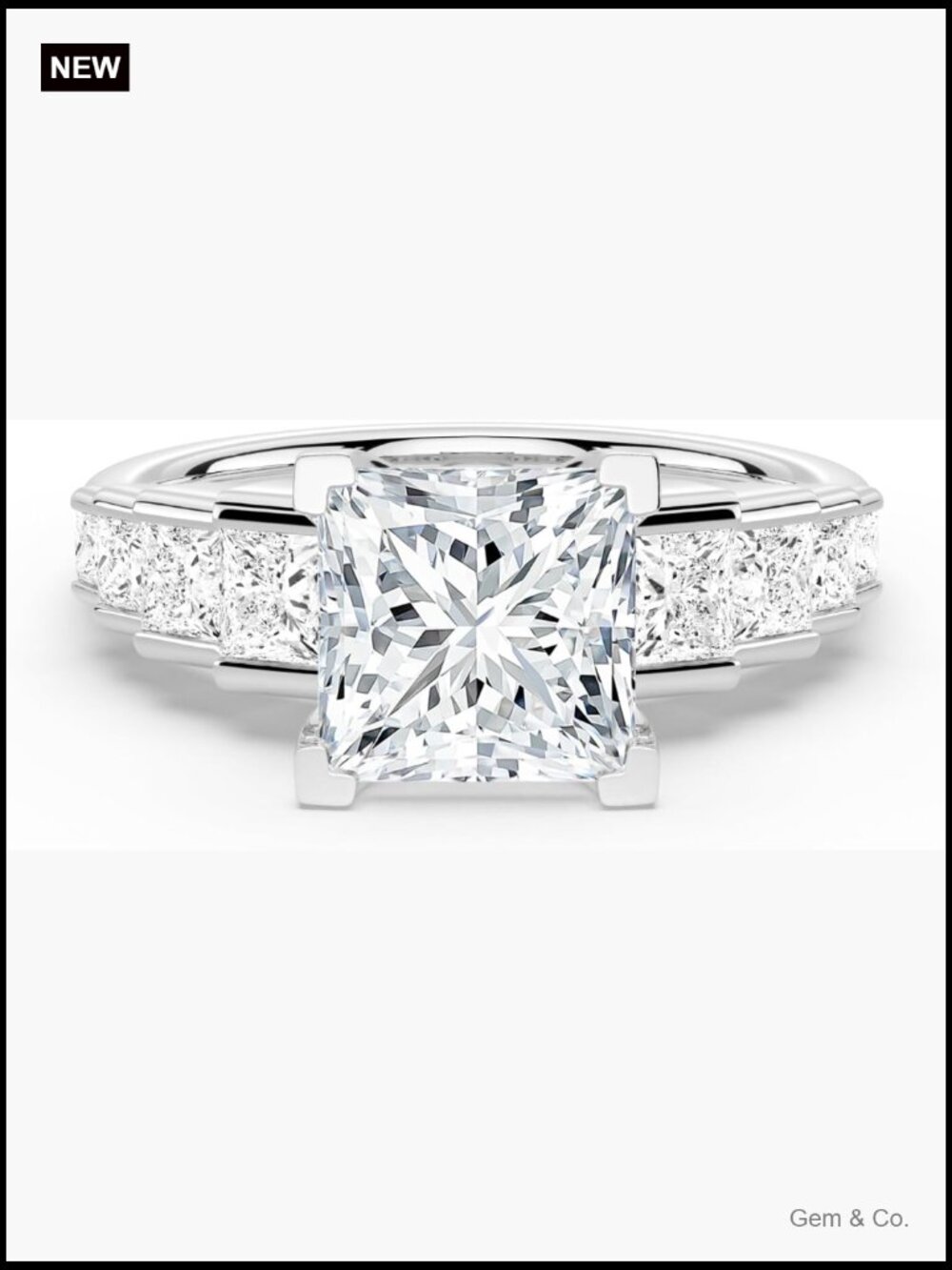 Princess Cut Moissanite Engagement Ring Sterling Silver Rhodium Plated Wedding